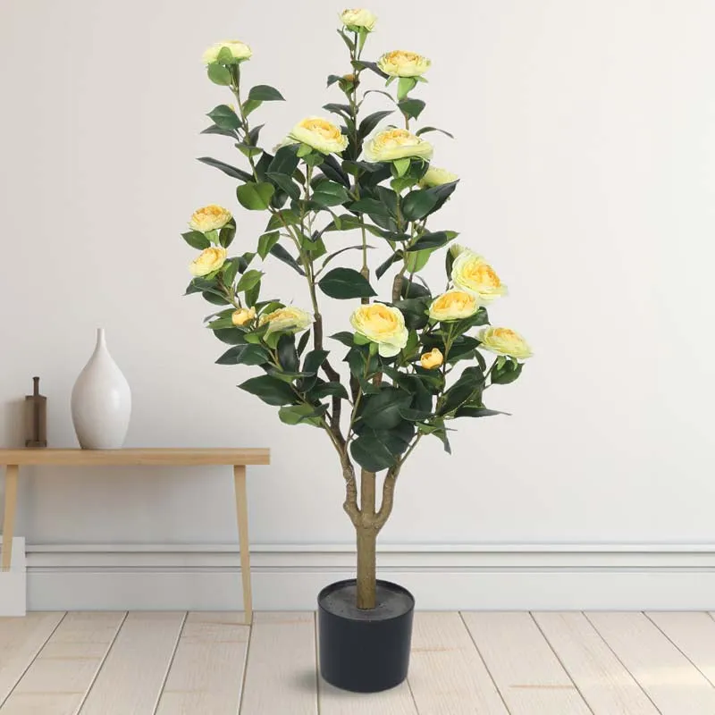 Faux Lush Mini Camellia Plant With Black Plastic Pot - Yellow & Green- 3.1 Feet media 3