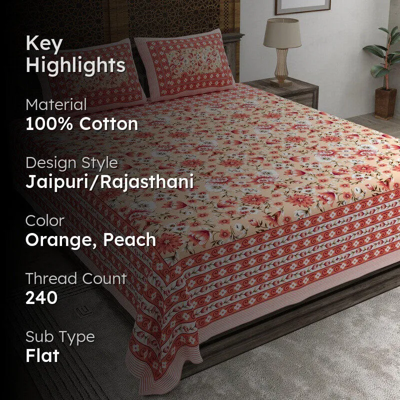 Artum Cotton Bedsheet (Orange,Peach) - 240 TC media 2