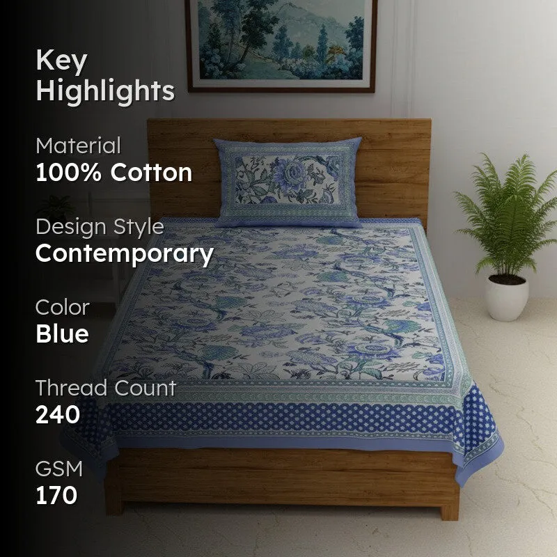 Weavora Ethnic Cotton Bedsheet (Blue & White) - 240 TC media 2