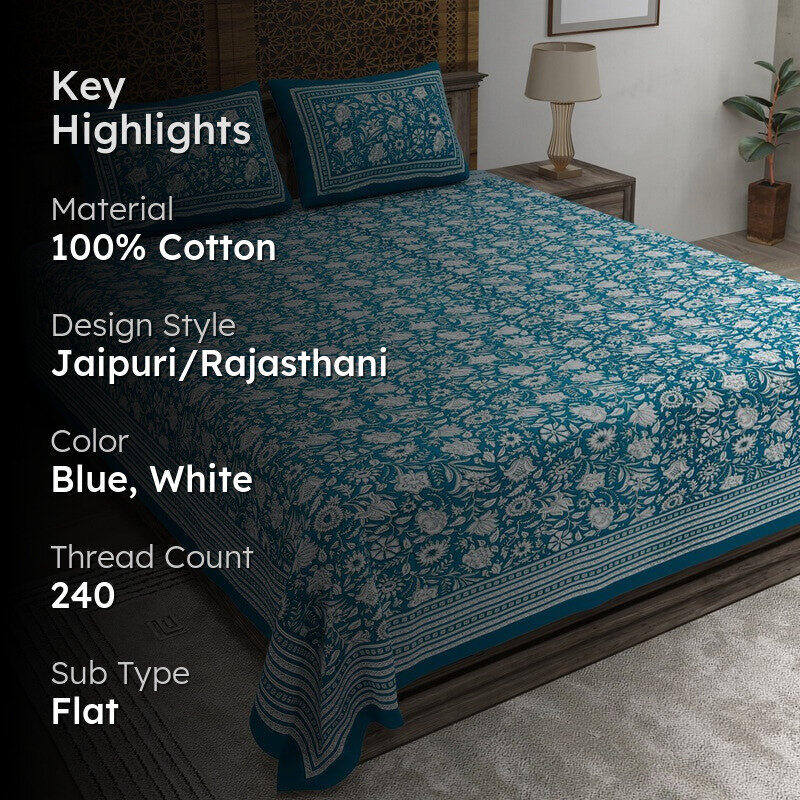 Blossomar Cotton Bedsheet (Teal,White) - 240 TC media 2