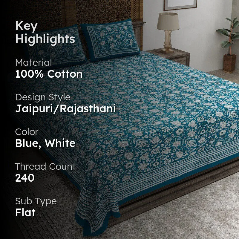 Teal and white floral bedsheet styled in a bedroom with two matching pillow covers.