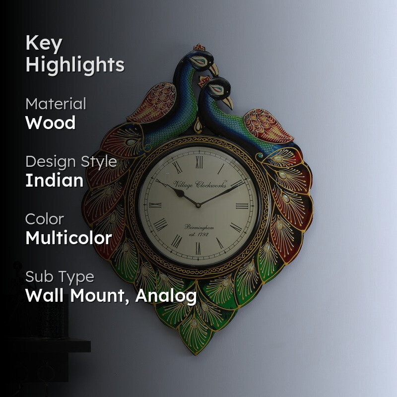 Handpainted Peacock Artwork Wood Wall Clock media 2
