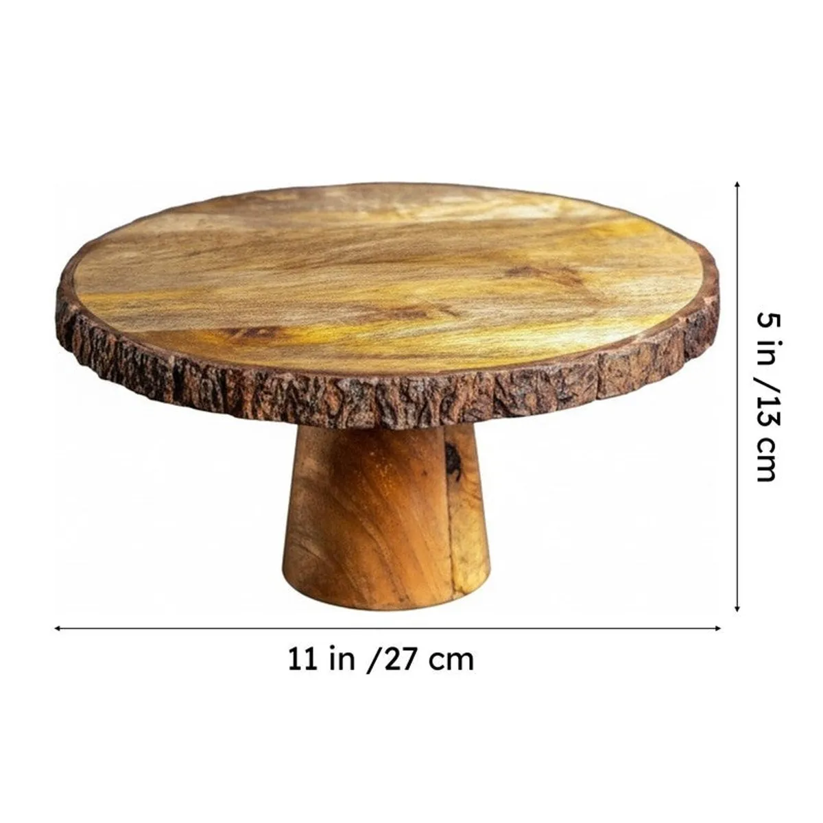 Brown wooden cake stand with natural bark edge and pedestal base