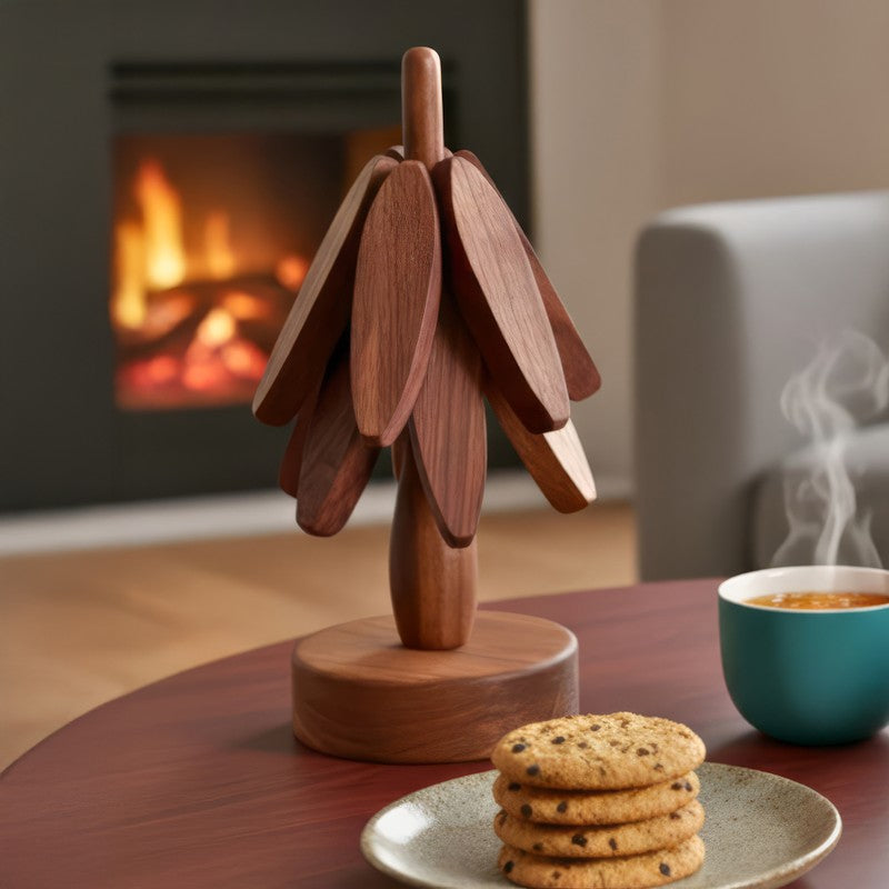 Tree Shaped Sheesham Wood Coasters with Stand - Four Piece Set