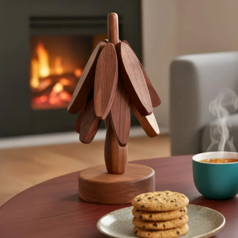 Tree Shaped Sheesham Wood Coasters with Stand - Four Piece Set media 1