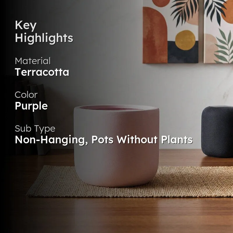 Lilac planter styled on a table with its material and colour highlights
