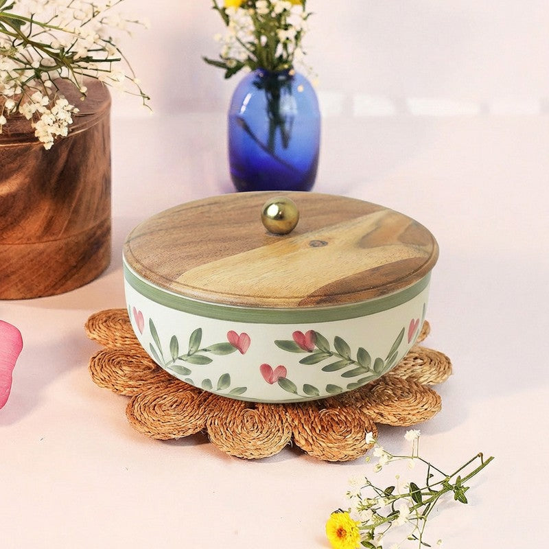 Spring Little Leafy Joy Ceramic Bowl with Mango Wood Lid - 750 mL