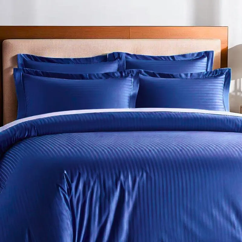 Le Coton Striped Solid Cotton Bedsheet (Dark Blue) - 250 TC media 4