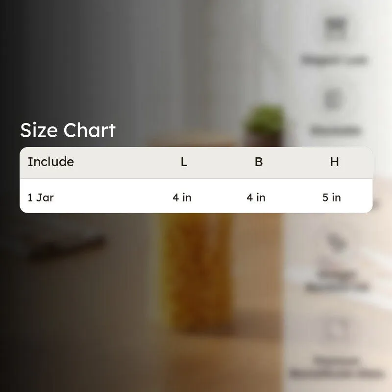 Glass jar product shown in a size chart image.