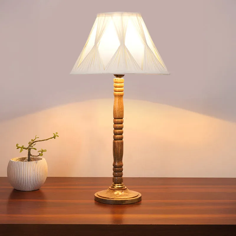 Loft Style Table Lamp With Carved Wooden Base - Ivory,Brown media 1