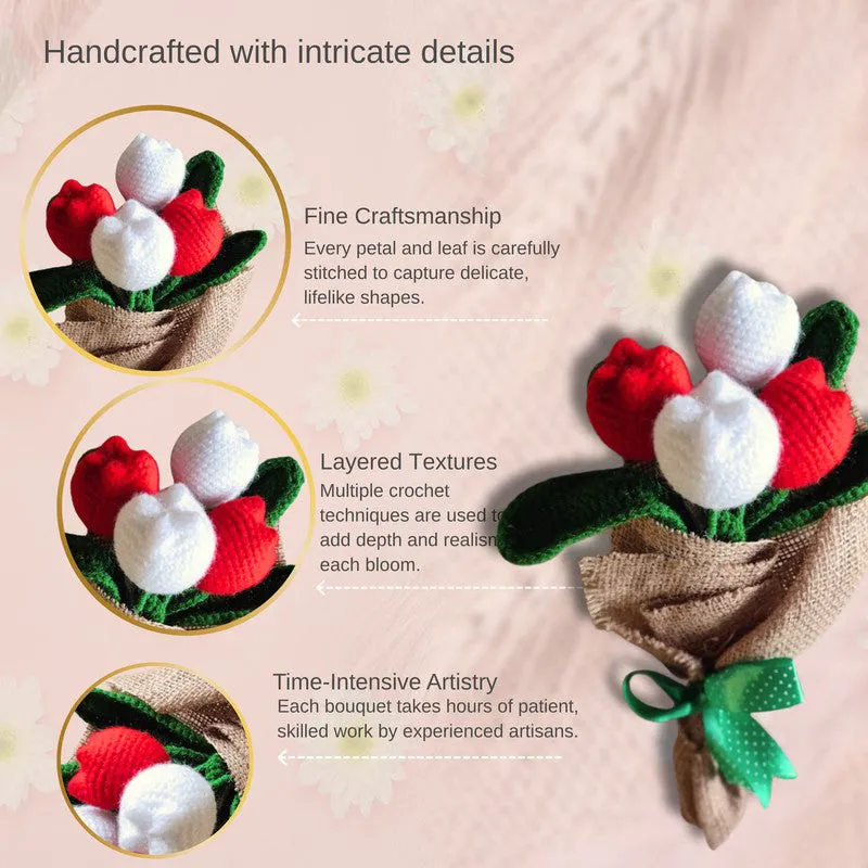 Crochet Handmade Rose Bouquet (White,Red) - Set Of Four media 3
