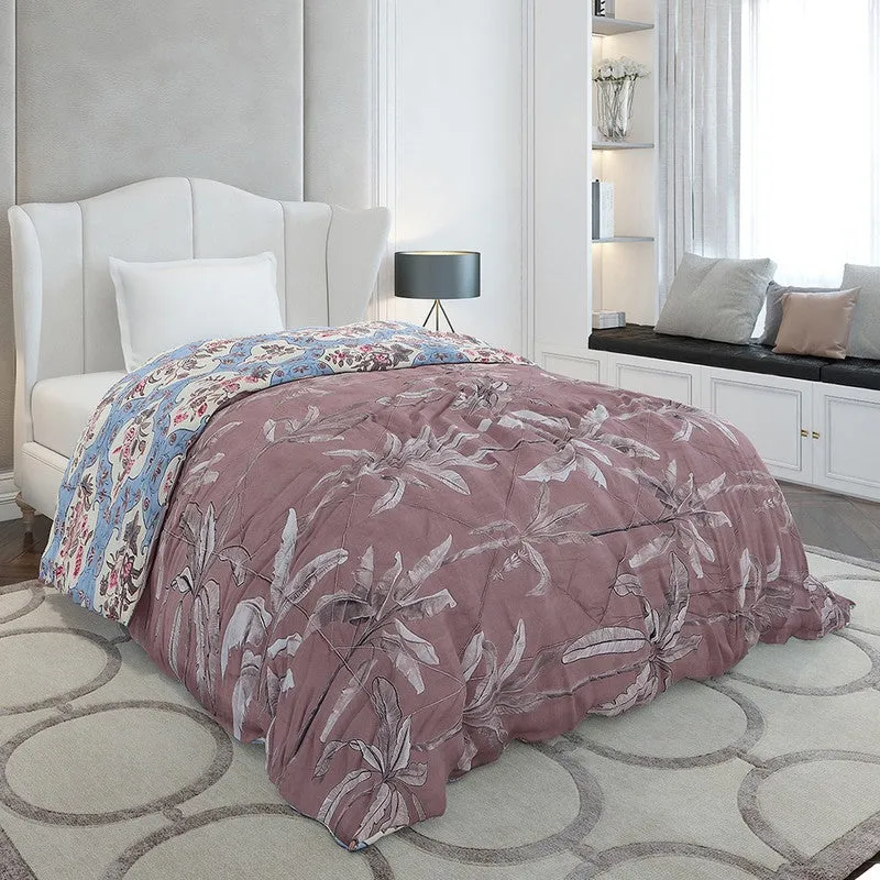 Monte Carlo Bloomira Floral Brown & Polyester Reversible Comforter (Blue) - 120 GSM media 1