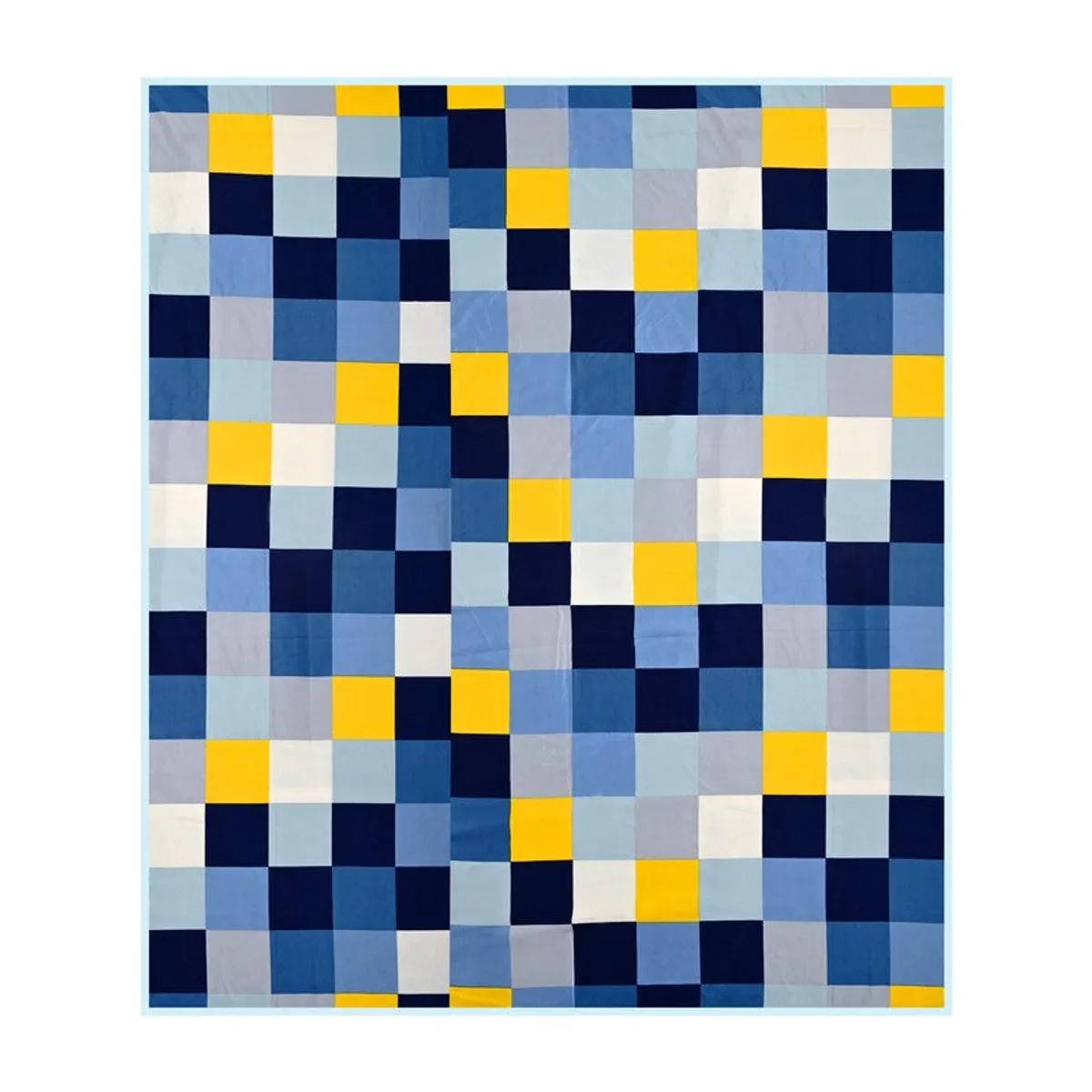 Flat view of the blue, yellow and white checked dohar