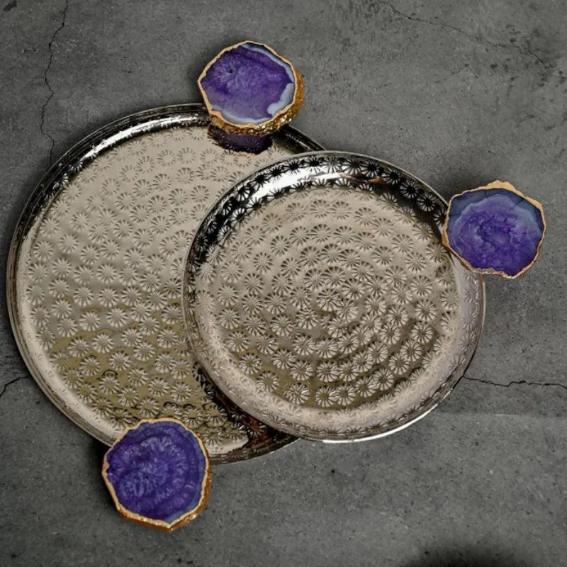 Samitha (Aluminum,Agate) Platter With Agate Decoration (Purple & Silver) - Set of Two media 1