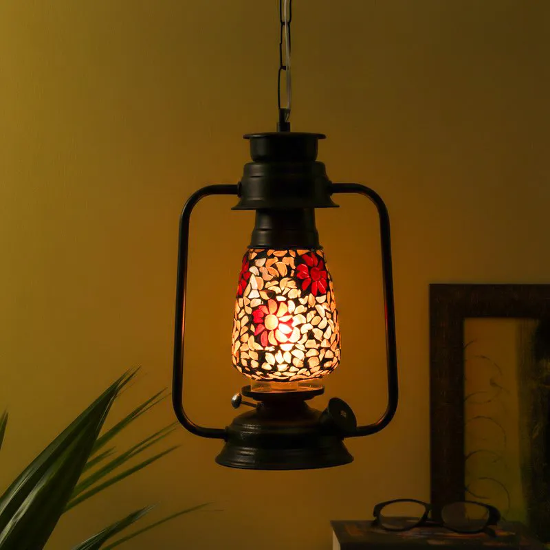 Phoolkari Mosaic Lantern Glass Ceiling Lamp - Black media 1