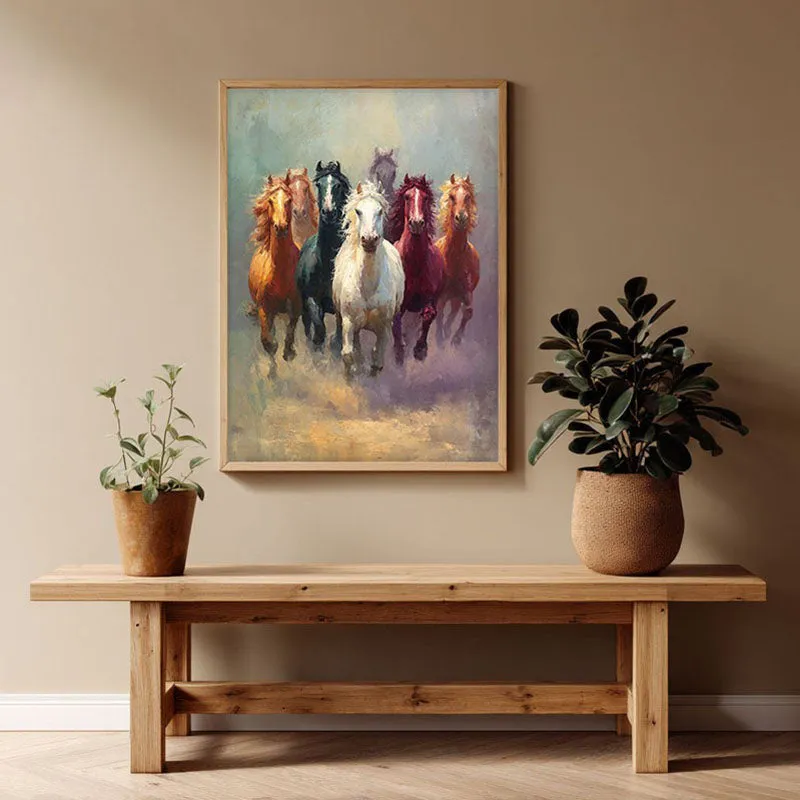 Majestic Horse Run Wall Painting With Brown Frame media 1