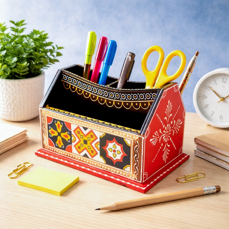 Multicolor Wooden Desk Stationery Holder