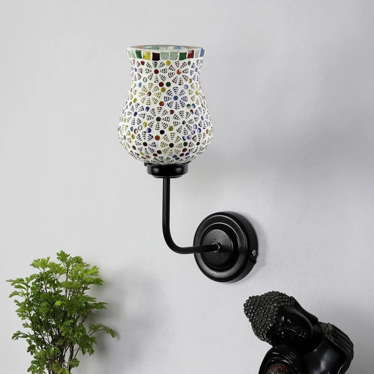 Unlit white mosaic glass wall lamp with black iron base