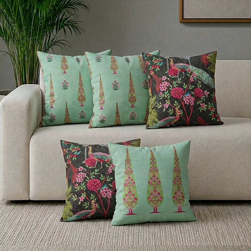 India Circus Peacock & Pine Printed Velvet Cushion Cover - Set Of Five media 1