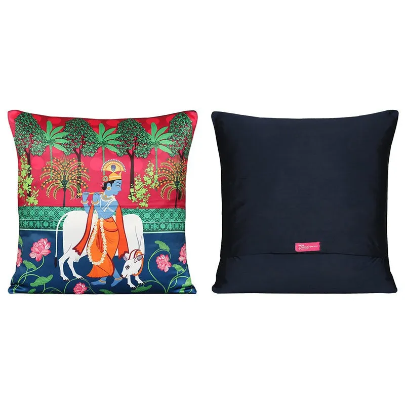 India Circus Vrindavana Games Printed Satin Cushion Cover - Set Of Five media 5