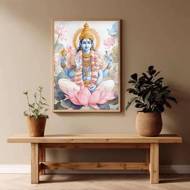 Anantha Padmanabha Spiritual Archival Paper Wall Painting - Natural Brown Frame