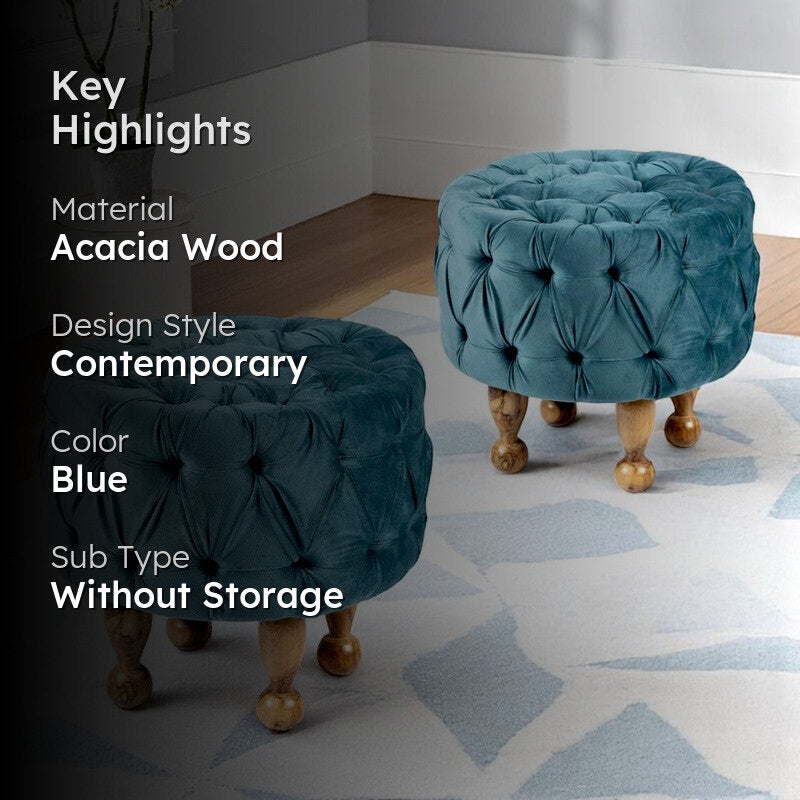 Jverix Acacia Wooden Ottomans (Blue) - Set Of Two media 2