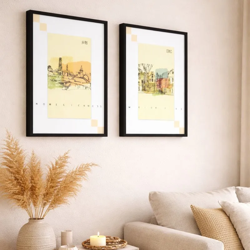 CitySketch Paper Wall Painting With MDF Frame - Set Of Two media 3