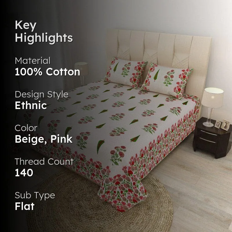 Devika Ethnic Printed Cotton Bedsheet (Pink) - 140 TC media 2