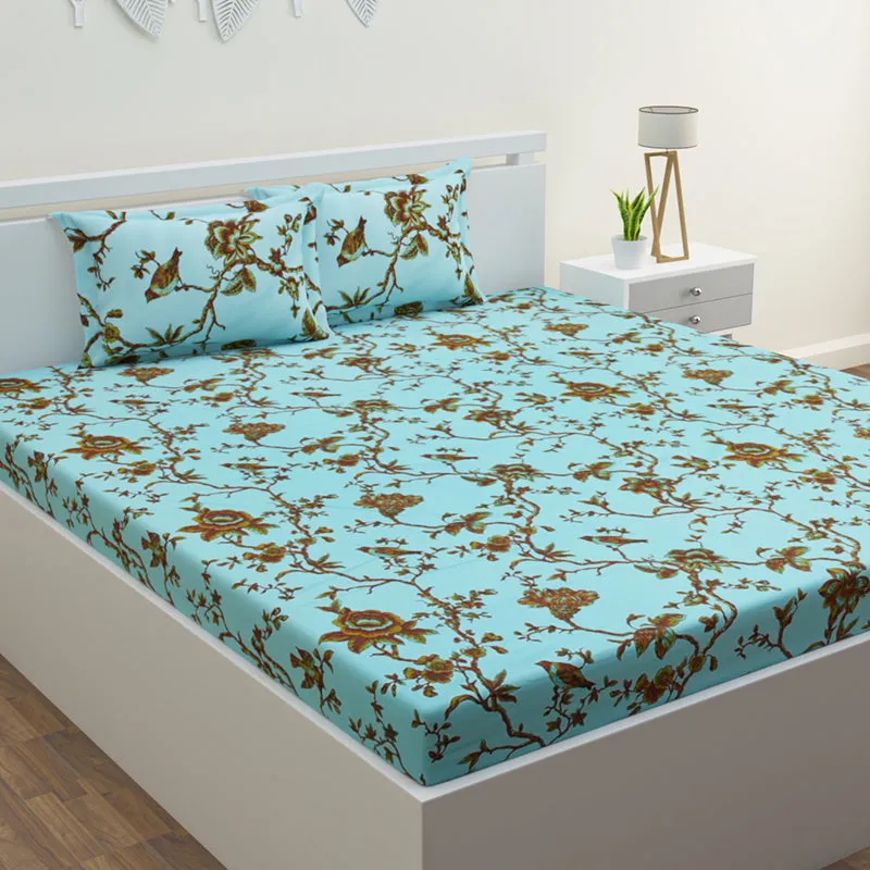 Anaidda Printed Cotton Bedsheet (Blue) - 300 TC media 1
