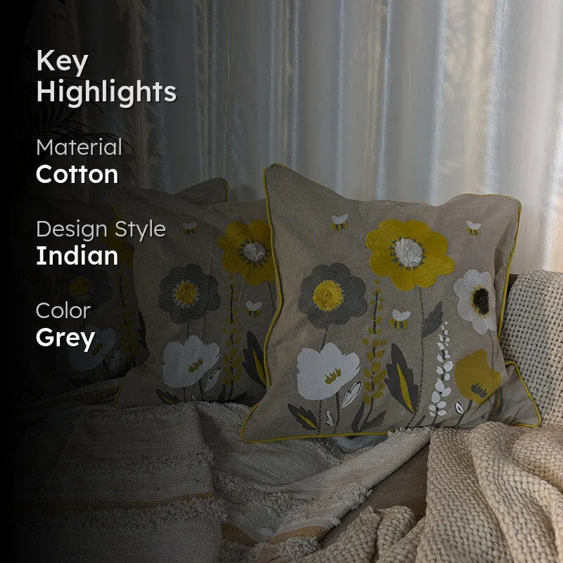 Ochre Flowers Tufted Cushion Cover (Yellow & Grey) - Set Of Three media 2