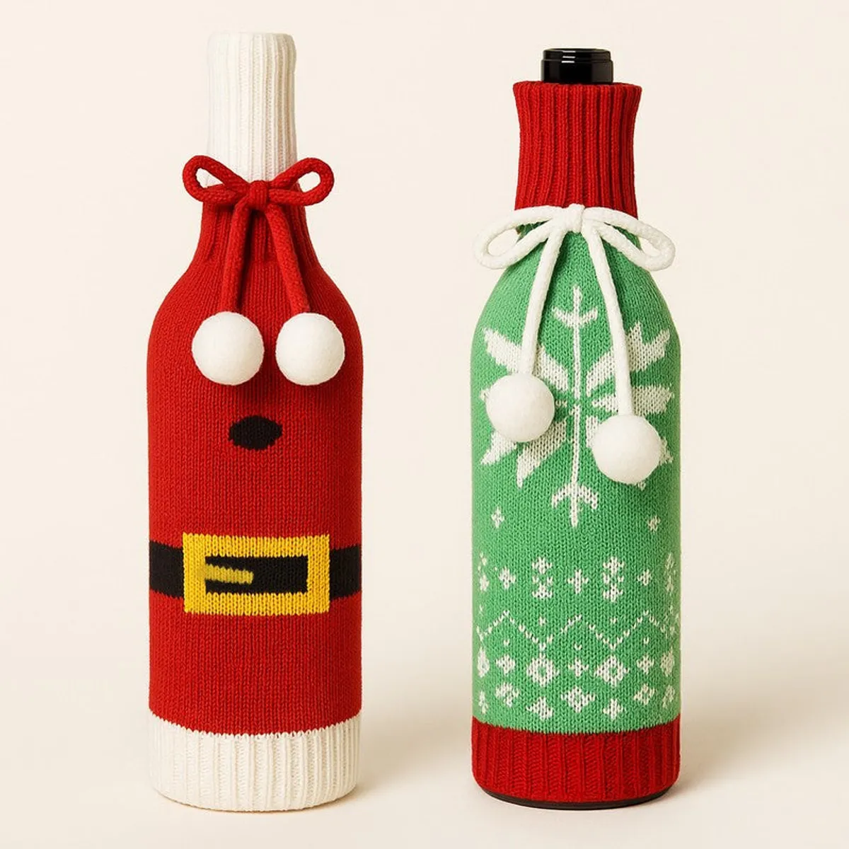 Two festive bottle ornaments in red, green and white with decorative ties and pom-poms.