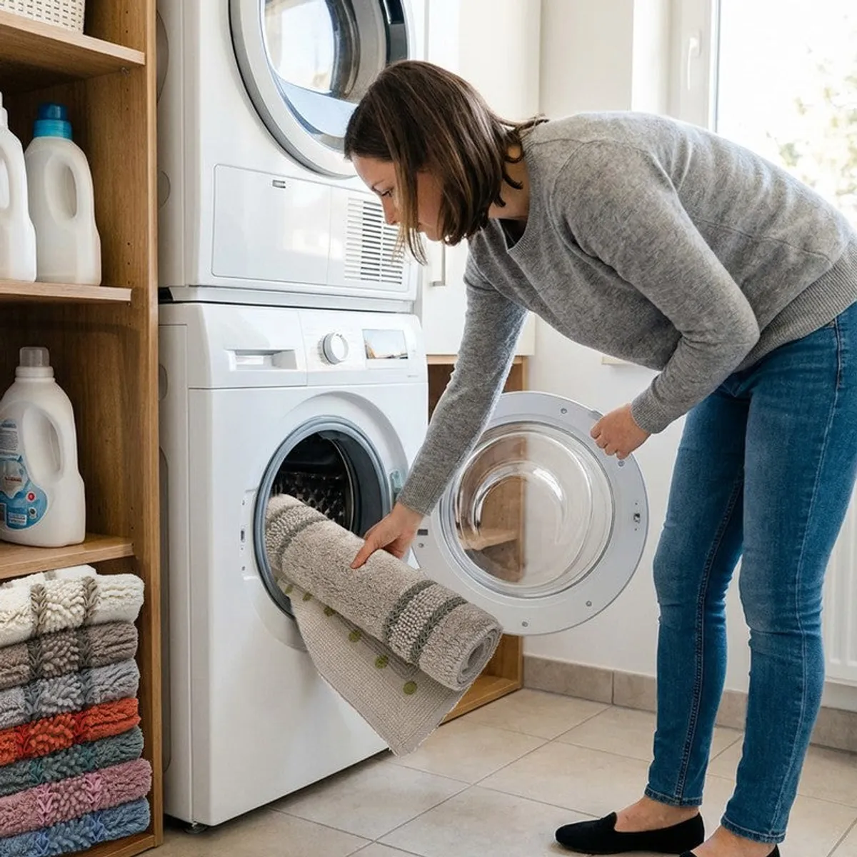 Person placing a rolled bath mat into a front-loading washing machine