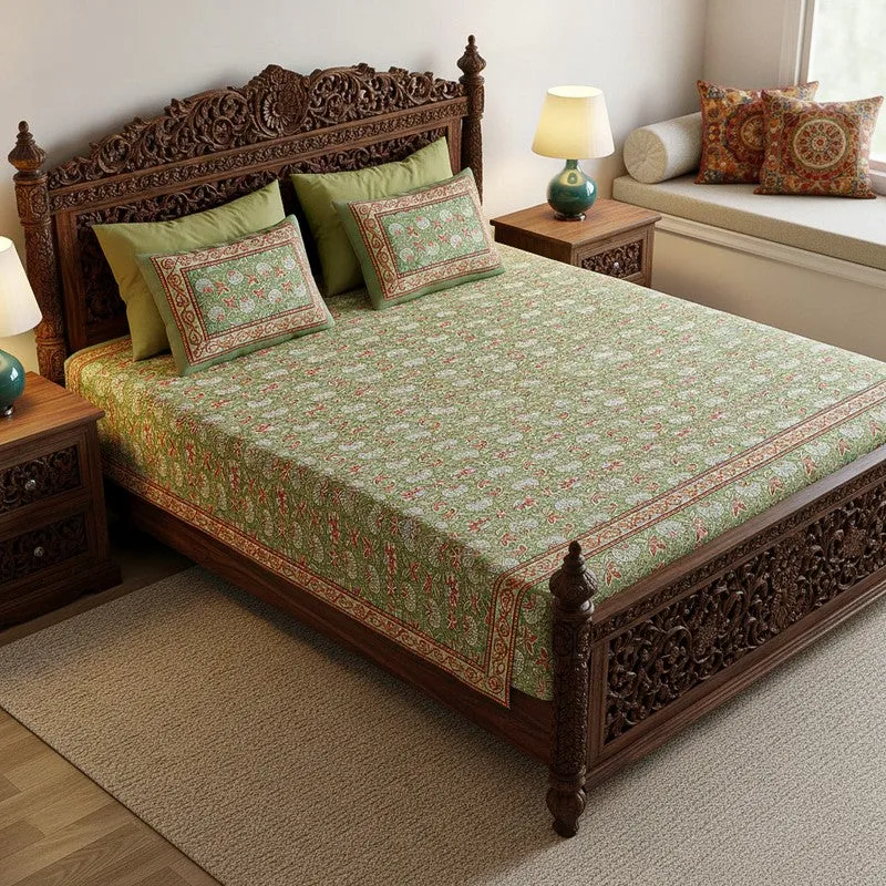 Madhur Cotton Bedsheet (Peach, Green) - 180 TC media 1