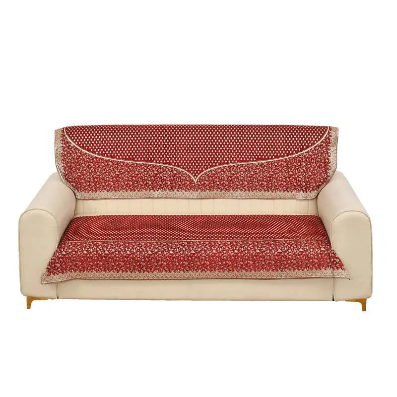 Petite Leaves Chenille Sofa Cover - Maroon media 5