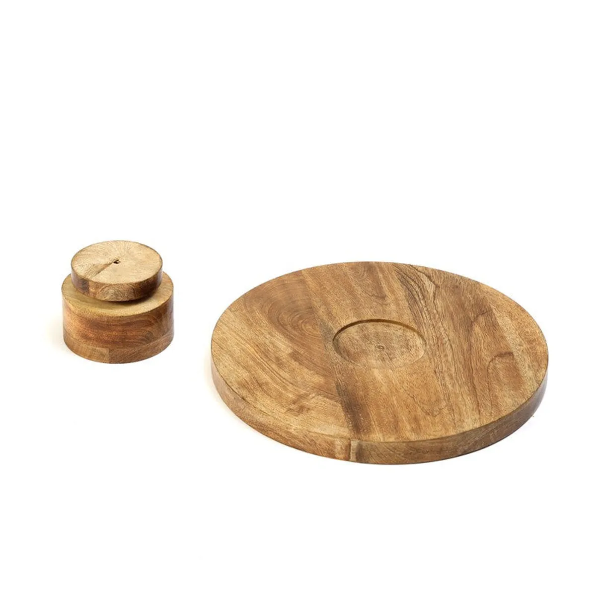 Disassembled wooden cake stand showing the round platter and pedestal base