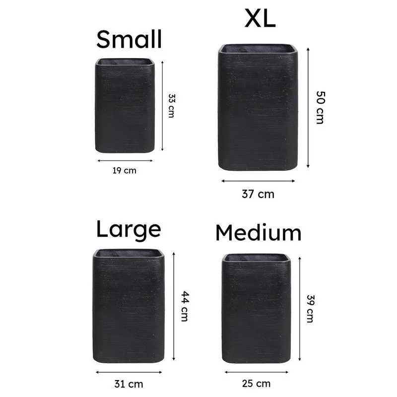 Size comparison of the Small, Medium, Large and XL black planters