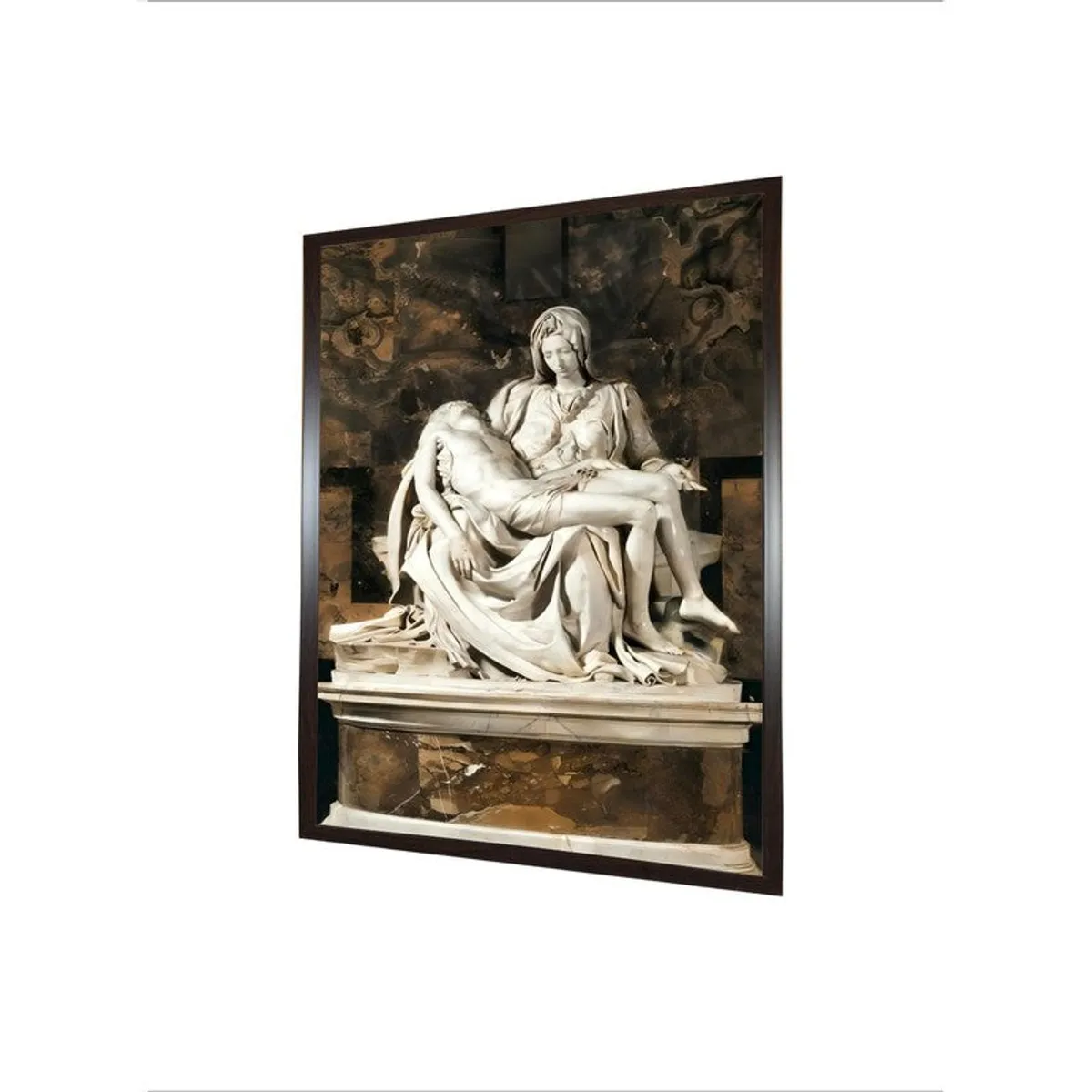 Angled view of framed classical wall art on a white background