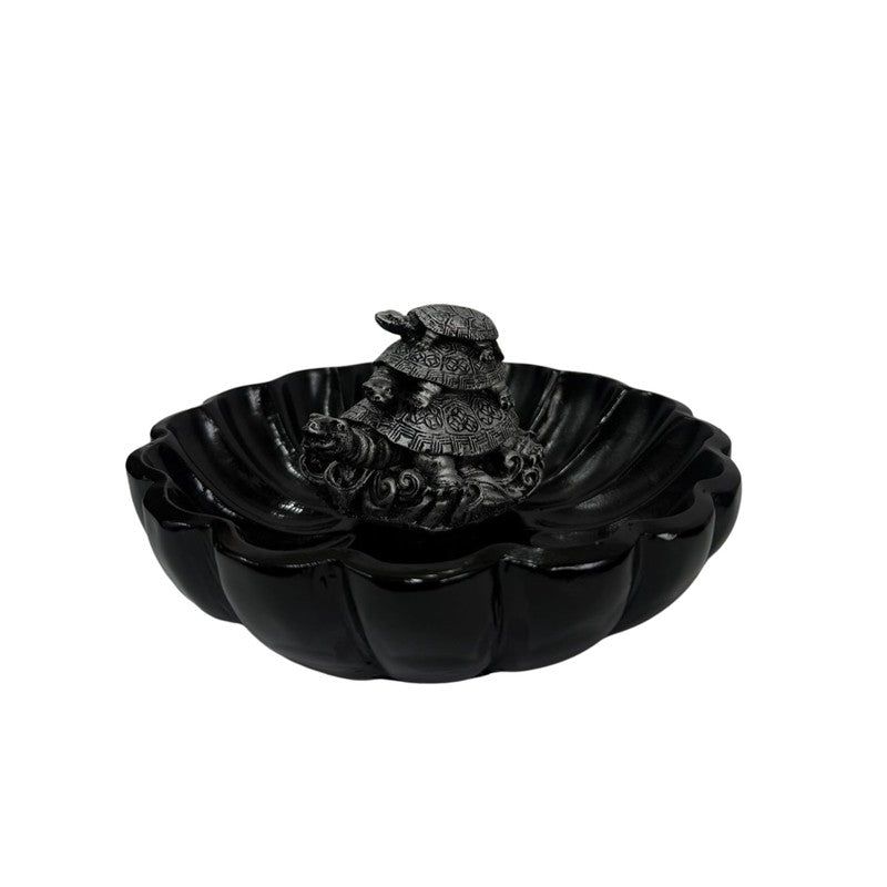 Sacred Three Tortoise Motif Resin Urli - Black media 3