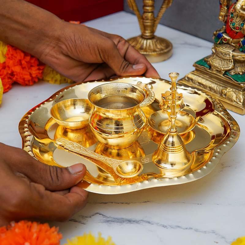Shubh Pooja Floral Thaali - Gold media 3