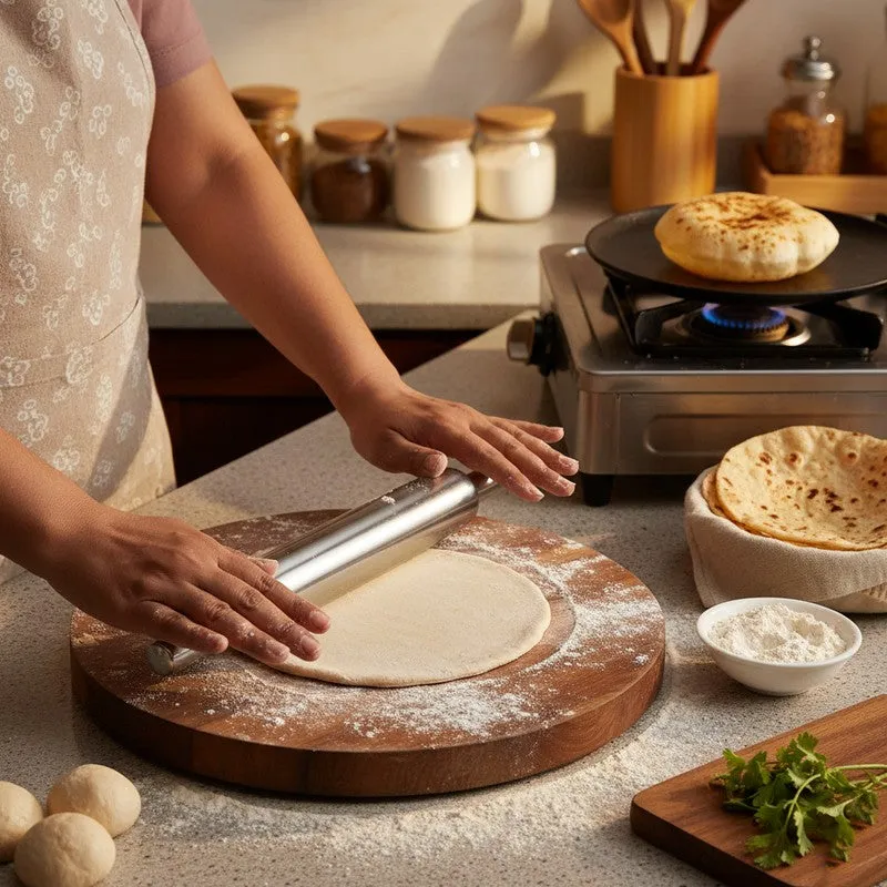 Person rolling dough with a steel rolling pin on a round wooden board
