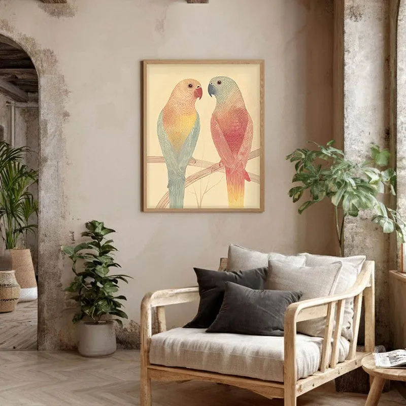 Lovebirds Illustration Canvas Wall Painting With Brown Frame media 5