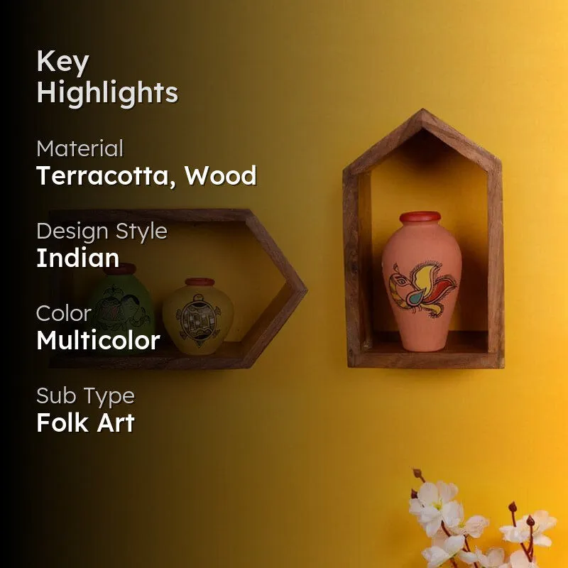 Mastani Wooden Wall Shelf With Colored Pots - Set Of Five media 2