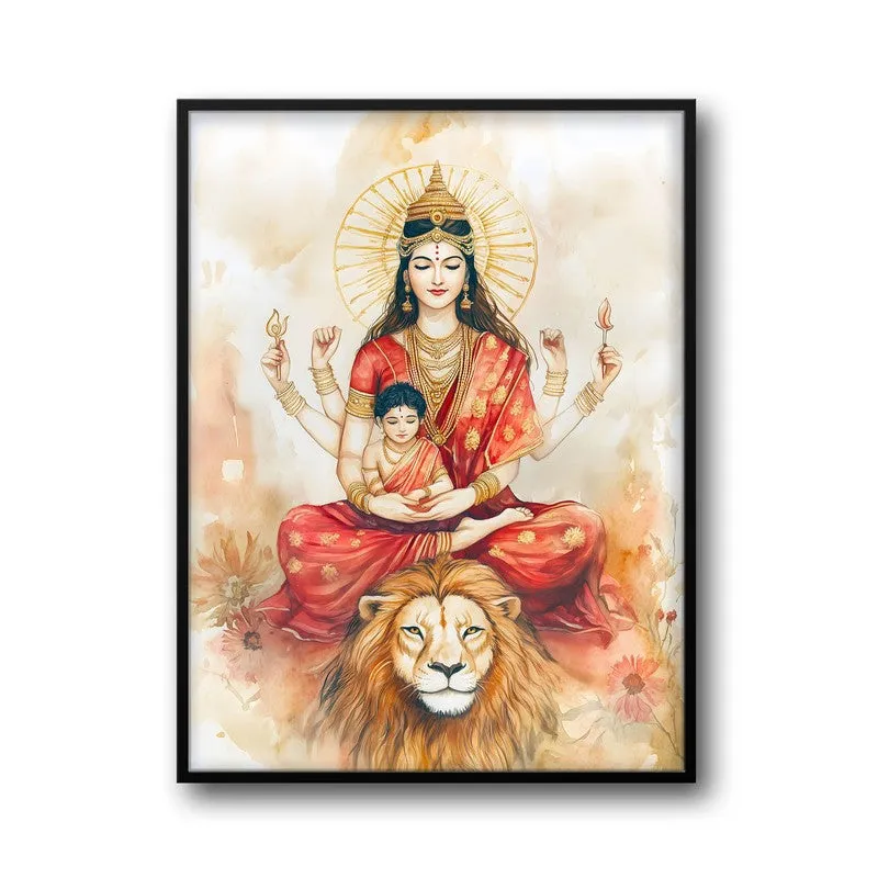 Simhavahini Durga Archival Paper Wall Painting With Black Frame media 5