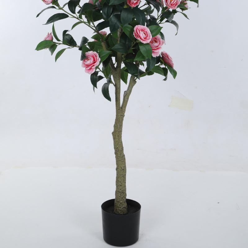 Faux Camellia Bloom Rose With Black Plastic Pot - Pink & Green media 6