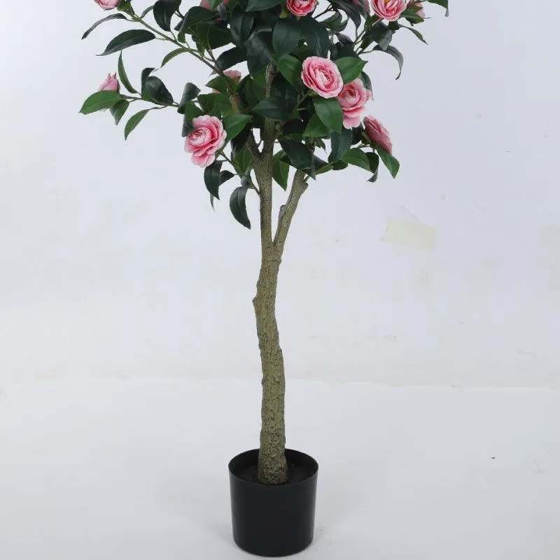 Faux Camellia Bloom Rose With Black Plastic Pot - Pink & Green media 6