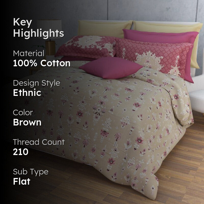 Teva Floral Cotton Bedsheet (Brown) - 210 TC media 2