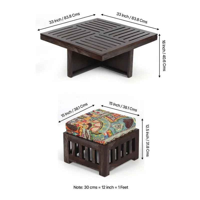 Hexiron Sheesham Wooden Center Table with Stools and Cushions (Brown) - Nine Piece Set media 12