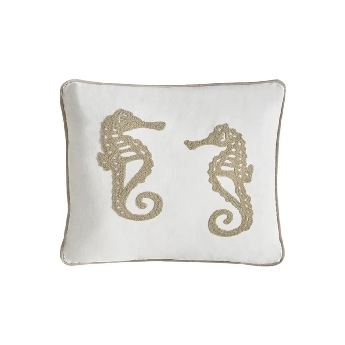 Close-up view of the square white cushion cover with two beige seahorse motifs.