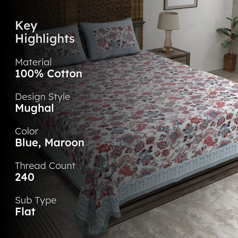 Leafis Cotton Bedsheet (Blue,Maroon) - 240 TC media 2