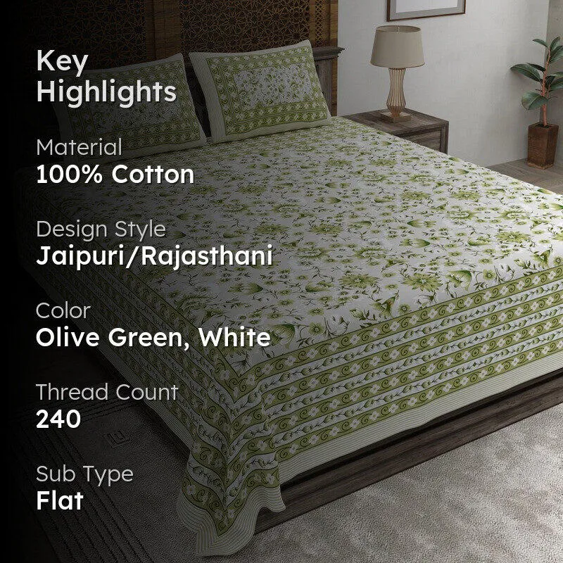 Artum Cotton Bedsheet (Olive Green,White) - 240 TC media 2